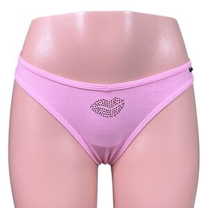 NWT Victoria's‎ Secret PINK Ribbed Cotton Thong Panty Medium Red Rhinestone Kiss